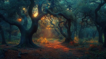 Wall Mural - a forest with trees and a path. the trees are dark and the path is illuminated by the sun