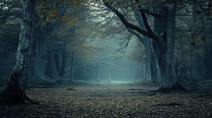 Wall Mural - a forest with trees and leaves on the ground