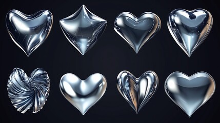 Poster - reflective metal hearts arranged in an artistic pattern on a dark background showcasing various shap