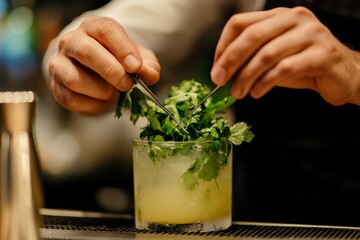 Poster - A person mixes a drink using a spoon and adds a garnish.