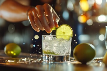 Poster - Squeezing lime into water with lime slice.