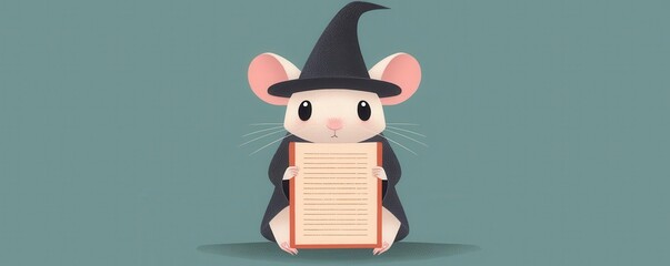 A charming cartoon mouse in a wizard hat, holding a scroll. Ideal for magical themes, cute illustrations, and children's content.