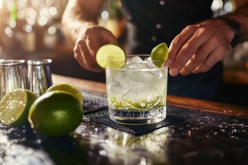 Poster - Prepping a drink with limes and ice in a glass.