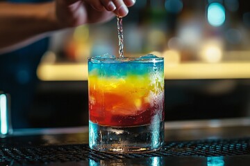 Poster - Pouring a vibrant drink into a glass at the bar.