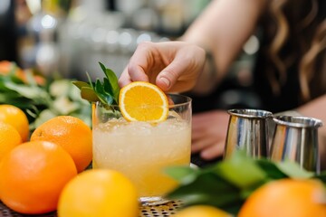 Poster - Preparing a beverage using oranges and mint.