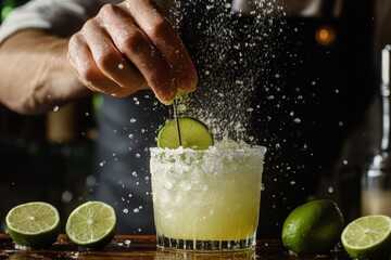 Poster - Squeezing lime into a glass of margarita.