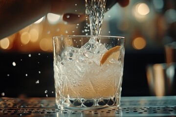 Poster - Pouring a drink over ice with a lemon wedge.