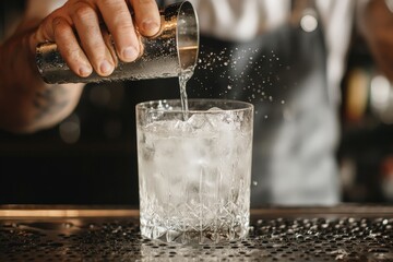Poster - Pouring a beverage over ice in a glass.