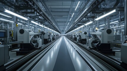 Poster - A large industrial factory with many machines and conveyor belts. The factory is very large and has a very industrial feel