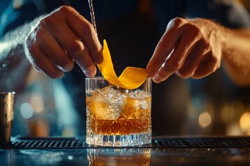 Poster - Preparing a drink with lemon peel in a glass.
