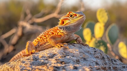 A vibrant lizard perched on a rock, basking in the sunlight with a blurred background.