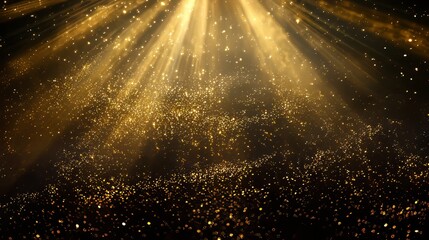 Fototapete - The background is a glossy black with glittering gold particles on the floor and stars in the air. Futuristic glittering in space on the ground.