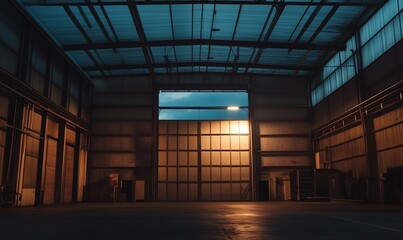 Wall Mural - A large, empty warehouse with a bright light shining through a doorway. Scene is one of emptiness and solitude