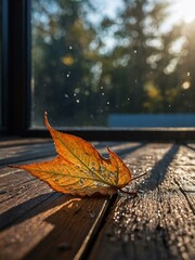 Wall Mural - Tranquil autumn leaf with morning dew on wooden deck.