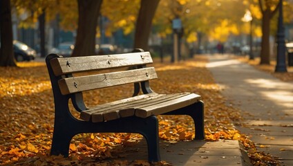 Poster - Tranquil park bench with autumn leaves and golden sunlight.