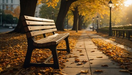 Wall Mural - Tranquil park bench with autumn leaves and golden sunlight.