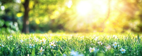 Poster - Fresh spring garden background with lush green grass and blurred foliage.