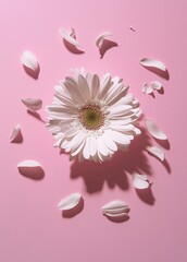 Fototapete - An artistic composition of white flower petals on pink background. A flowerscape flat lay.