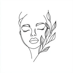 Poster - Drawing of a minimal line drawing of a beauty woman's face surrounded by leaves