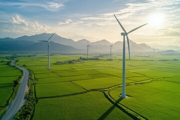 Sticker - An industrial landscape with windmills and turbines generating electricity on rice fields in Phan Rang, Ninh Thuan, Vietnam. Concept for clean energy.