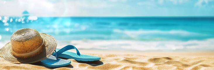 Poster - Seashells in sand, palm tree on beach, sunny tropical beach with turquoise water on background.