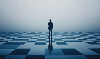 Poster - A man stands in a large, empty room with a blue and white checkered floor. The room is dimly lit, and the man is lost in thought