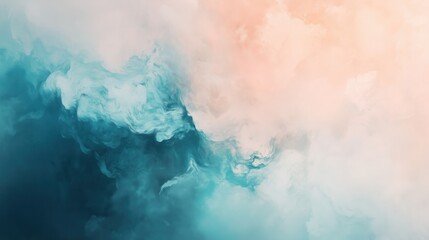 Wall Mural - A painting of a cloudy sky with a blue and white background. The sky is filled with smoke and the colors are vibrant. The mood of the painting is dreamy and ethereal