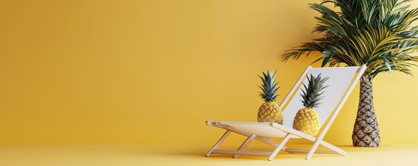 Poster - On a yellow background, a pineapple resting and drinking cocktail on the beach, Summer vacation concept on 3D render illustration