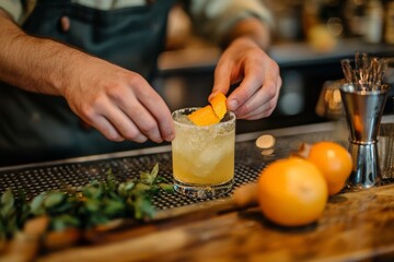 Poster - A person mixes a cocktail with oranges and mint at a bar.