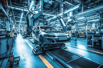 Poster - Modern industrial factory with high-tech machinery, robotic automation, mechanical assembly, and automotive manufacturing equipment.