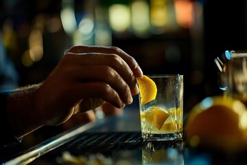 Poster - A lemon wedge is held above a glass of water.