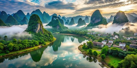 Serene mist-shrouded Karst mountains rise majestically from emerald waters, surrounded by lush green forests and ancient villages, in Guangxi's picturesque Guilin landscape.