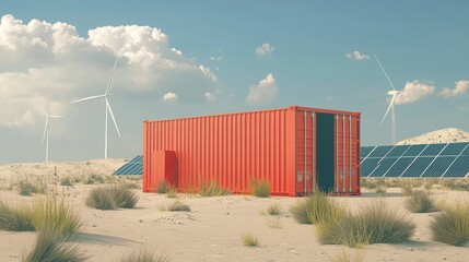 Poster - Solar photovoltaics, wind turbines, and a Li-ion battery container are depicted in this 3D rendering of energy storage system.