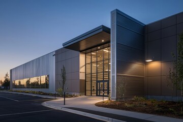 Canvas Print - A modern warehouse office building with a sleek steel exterior. Stock