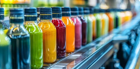 Poster - A modern production line for bottling and packaging natural juices and beverages. Images of an industrial juice bottling plant.