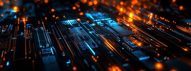 Leinwandbilder - Background with illuminated fiber optics, quantum computing network system, and electronic global intelligence