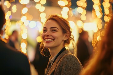 Sticker - Stock photo of a crowd of happy and laughing staff or participants listening to a startup business owner at a trade show.