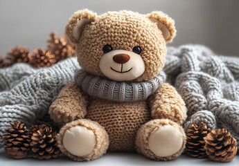 A stuffed bear with a scarf and pine cones on white surface.