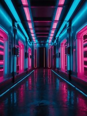 Wall Mural - Vibrant neon corridor with pink and blue lights for futuristic concepts. Stage for product.