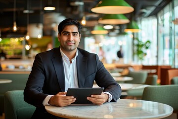 Aufkleber - Professional Indian businessman using tablet computer and looking at camera at office desk