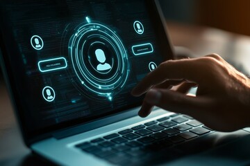 Leinwandbilder - For cyber security, businessmen use laptops and hand-held devices to access databases by digital identities by using digital identification cards.