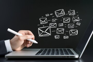 Poster - A person uses a laptop to send many e-mails or a digital newsletter to customers. Direct selling projects in business. List of customers who want to receive emails.