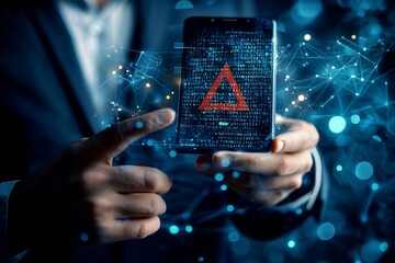 Aufkleber - Hacking warning alert. Person uses phone with virtual warning sign for cyber attacks. Ransomware, viruses, spyware, malicious software, data breaches, cyber security, cybercrime.