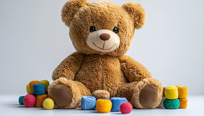 Wall Mural - A teddy bear sitting next to colorful objects on white surface.