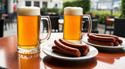 Wall Mural - Cold beer with delicious grilled sausages on a table in a street cafe at a German beer festival