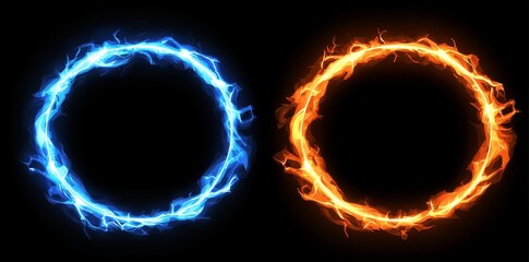 Poster - Fire flames and plasma effect ring graphics isolated on transparent PNG background and black background