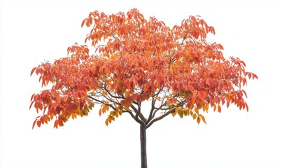 Wall Mural - a tree with orange leaves stands alone on a white background. the tree is tall and has a strong trun