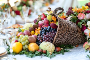 Poster - Basket of fruit and flowers on a table