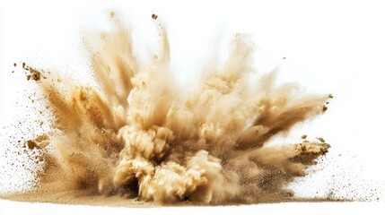 Poster - Golden sand explosion on transparent background, abstract sand cloud fly wave.