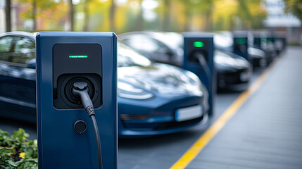 Innovative electric car connected to charging station with future architecture background. Technological advancement rechargeable EV car using alternative clean and sustainable energy.